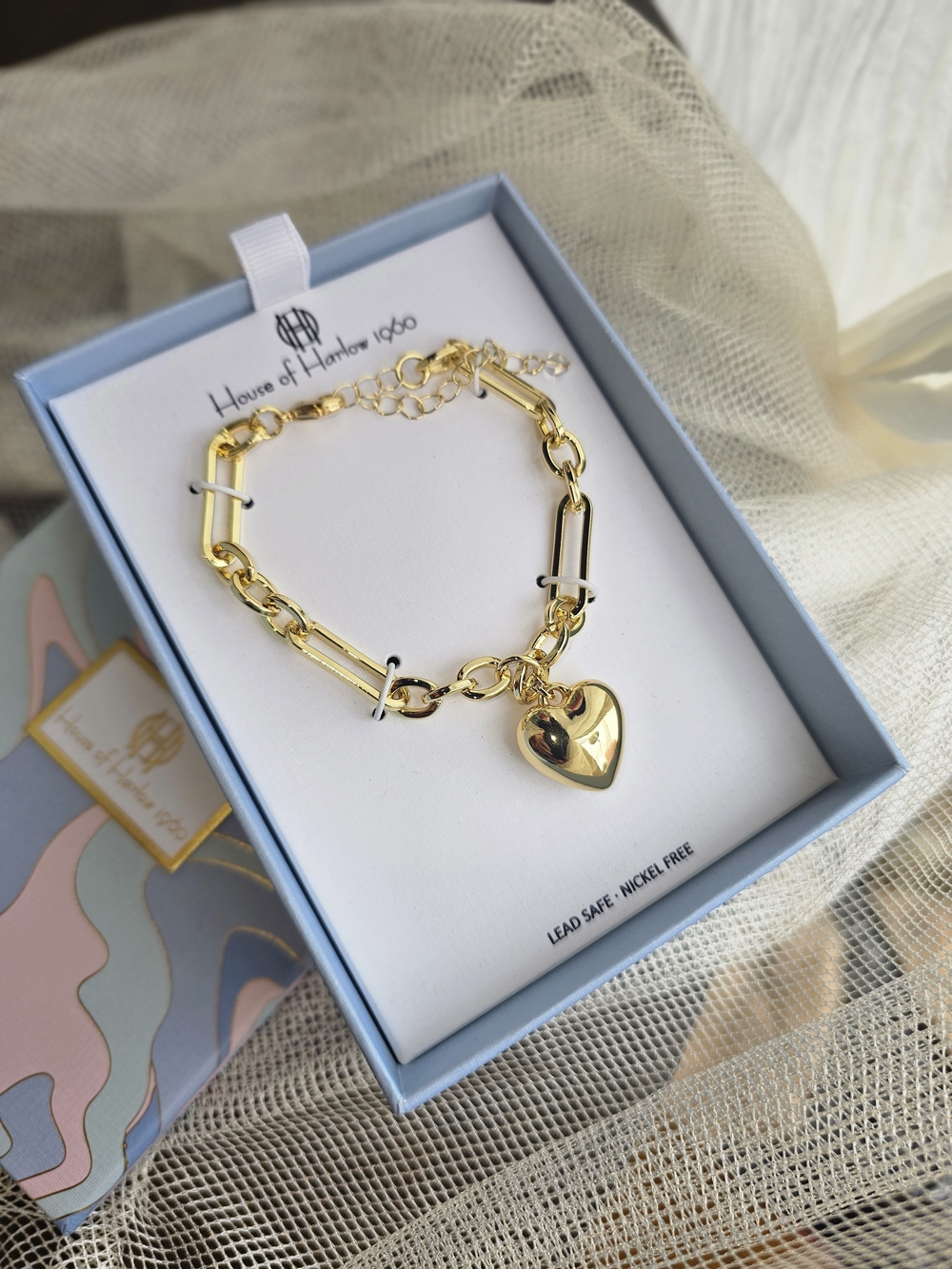 House of Harlow 1960 Gold Heart Charm Link Bracelet